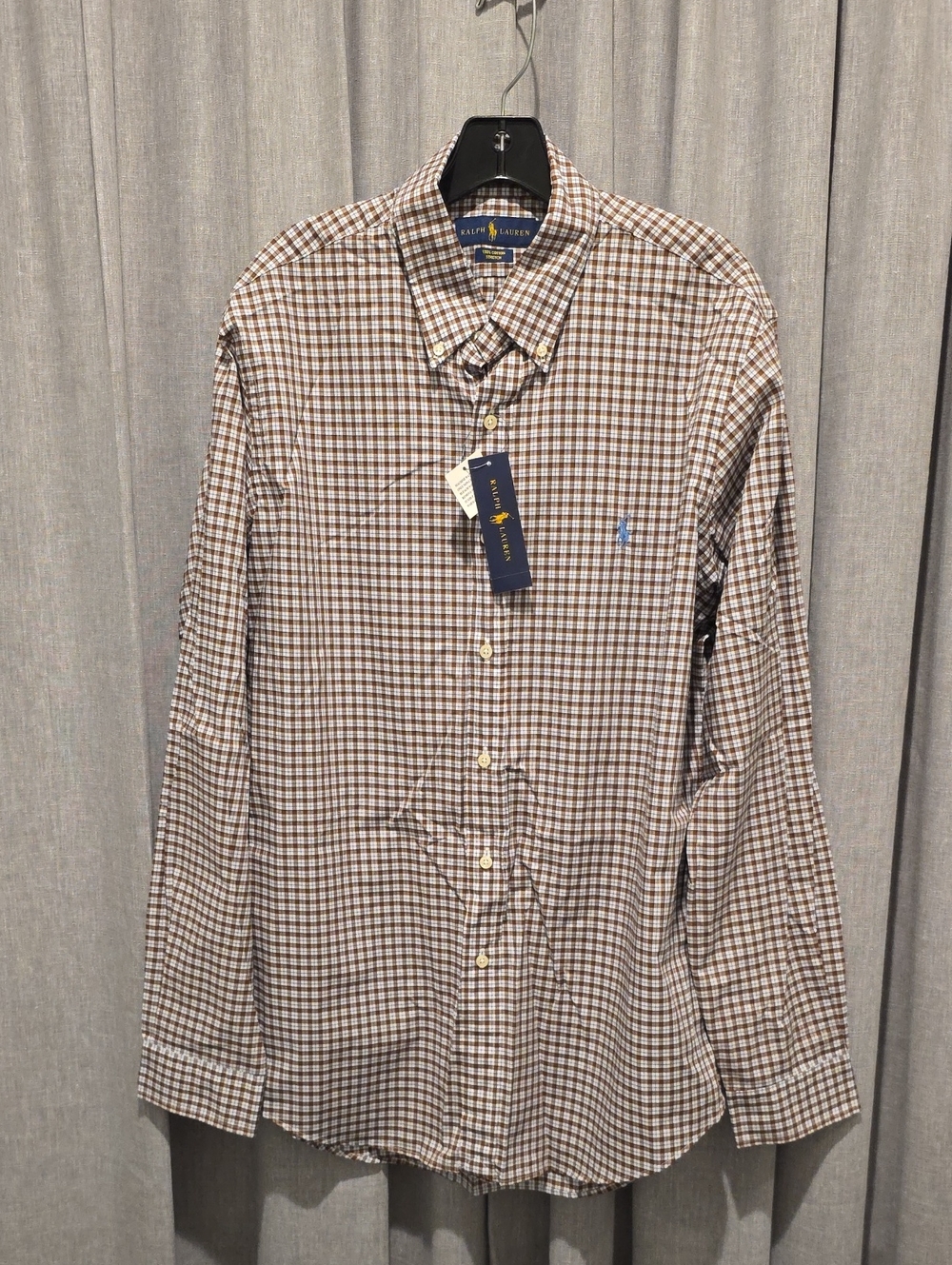 Ralph Lauren Brown Blue and White Checked Button-Up Dress Shirt
